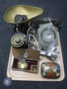 A tray of vintage telephone, vintage mincer, kitchen scales and weights,