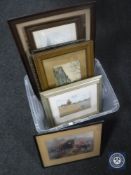 A box of nine assorted framed antique and later prints,