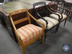 An antique mahogany scroll armchair together with an antique painted chair and pine armchair