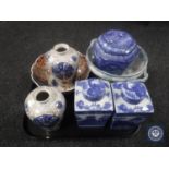 A tray of Imari scalloped shaped bowl, Ringtons caddies,