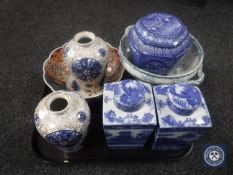A tray of Imari scalloped shaped bowl, Ringtons caddies,