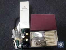A tray of boxed and un-boxed cutlery, six alcohol miniatures,