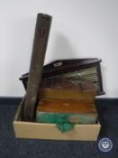 A box of Riley snooker score board, leather case, writing box,