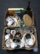 Two boxes of china, glass ware, wooden pestle and mortar,