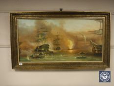 Continental school, naval battle, oil on canvas, signed Meyer,