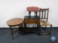 A circular inlaid mahogany occasional table together with an oak rush seated barley twist bedroom