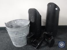 Two galvanized buckets together with two coal shovels and two vintage cobbler lasts