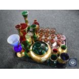 A tray of coloured glass, hand painted vases, together with eleven coloured liqueur glasses,