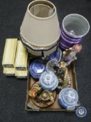 A box of contemporary table lamps, pottery figures,