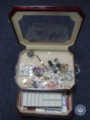 A counter top jewellery display box containing costume jewellery, rolled gold watch,