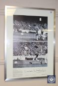 A black and white print depicting Malcolm Macdonald scoring both his goals against Burnley in the F.