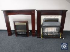 An electric fire in mahogany tiled surround together with a further coal effect fire in surround.