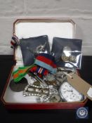 A box of WWII medals, Defence Medal, France and Germany Star, 1939 -1945 Star, coins,