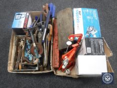 Two boxes of hand tools, wood working plane, clamp, circular saw,