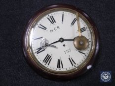 A circular NER station clock with chain driven single fusee movement,
