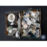 Two boxes of china and pottery milk jugs including Denby, Royal Doulton, wall plates,