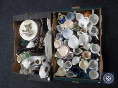 Two boxes of china and pottery milk jugs including Denby, Royal Doulton, wall plates,