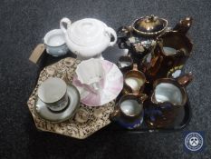 A tray of antique hand painted teapot, copper lustre ware,