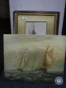 Five pictures to include an H Bennett oil on canvas, ships at full sale,
