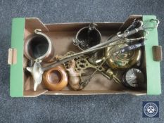 A box of assorted metal ware, copper kettle, companion set, miniature pale,