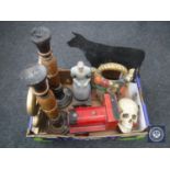 A box of wooden pieces, pair of candle holders, wooden train,