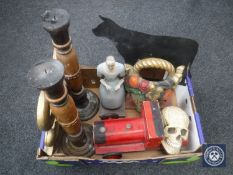 A box of wooden pieces, pair of candle holders, wooden train,