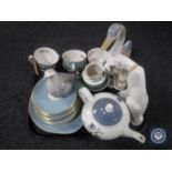 A tray of pottery pigeon figure, two Spanish figures, Woods & Sons Blue Meadow teapot,