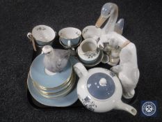 A tray of pottery pigeon figure, two Spanish figures, Woods & Sons Blue Meadow teapot,