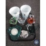 A tray of glass ware including vases goblet, paperweight,