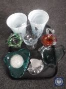 A tray of glass ware including vases goblet, paperweight,