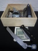 A box of assorted pocket knives, vintage whistle, bank note, Scottish Dirk etc.