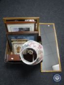 A box of framed prints, framed mirrors, Westminster wall clock,
