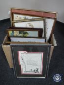 A box of pictures and prints, contemporary samplers etc.