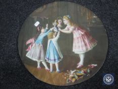 A Victorian glazed pottery overpainted wall plaque depicting children with puppets