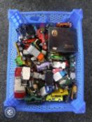 Two boxes of play worn die cast vehicles including vintage Dinky cards,