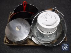 A box of Le Creuset frying pan, griddle pan, halogen oven,