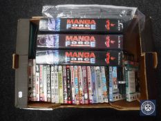 A box of Manga force collection magazines, DVD's, Japanese paper back graphic novels etc.