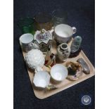 A tray of antique glass ware, two Shelley china tea cups and saucers, Lorna Bailey salt seller,