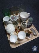 A tray of antique glass ware, two Shelley china tea cups and saucers, Lorna Bailey salt seller,