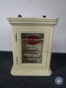 A painted pine wall cabinet bearing Mayos Tobacco advertising