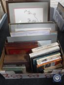 Two boxes of framed pictures, LP's,