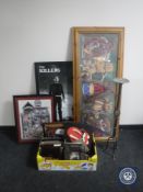 A leather cube together with a metal candle holder and box containing metal signs,