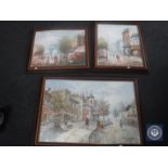 Three contemporary mahogany framed oil paintings on canvas - Parisian street scenes