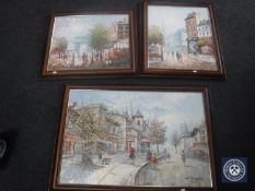 Three contemporary mahogany framed oil paintings on canvas - Parisian street scenes