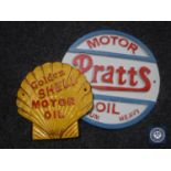 Two cast iron plaques - Shell Motor Oil and Pratts Motor Oil