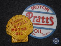 Two cast iron plaques - Shell Motor Oil and Pratts Motor Oil