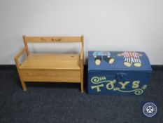 A painted pine toy box together with a pine child's storage seat