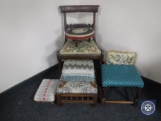 A Victorian mahogany dining chair upholstered in tapestry fabric together with six assorted antique