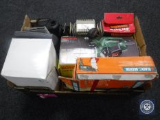 A box of Black & Decker corded drill, Bosch sander, battery chargers,