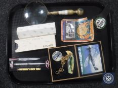 A quantity of pens including Parker, pocket watch in box, magnifying glass,